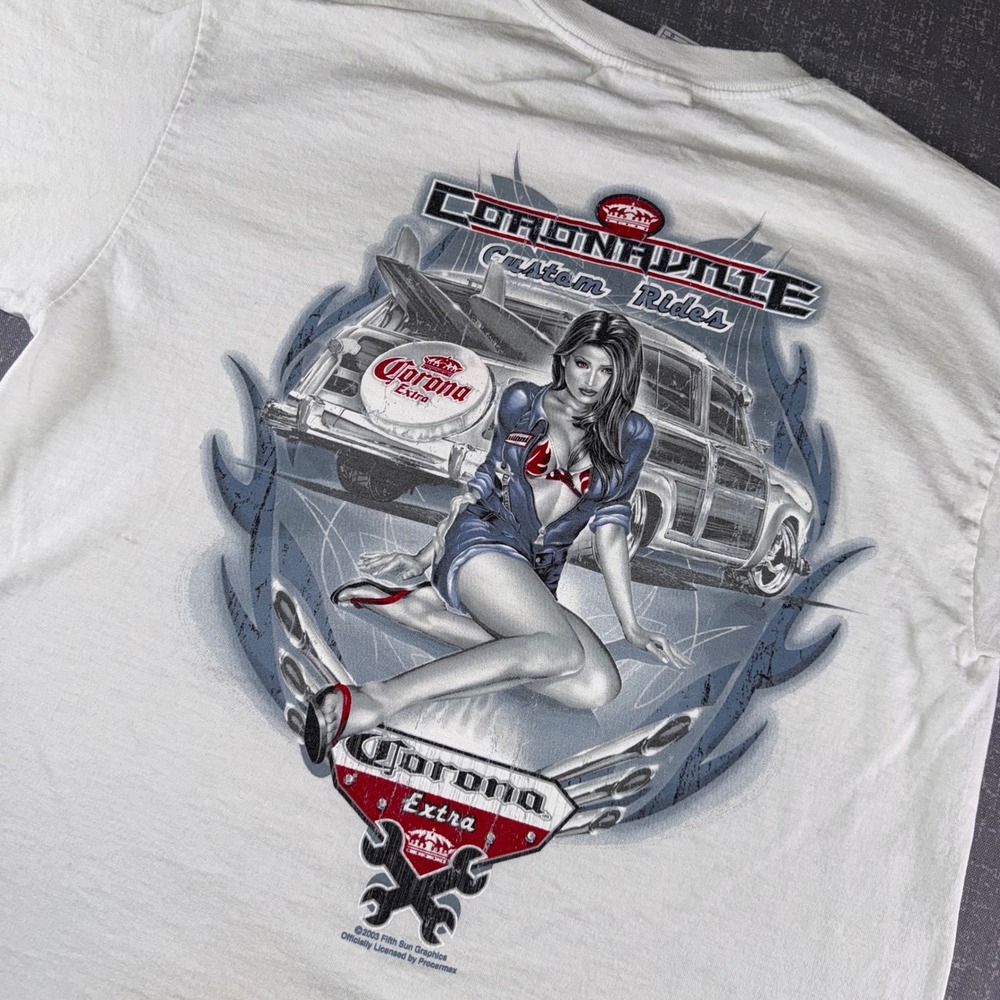 Vintage 2003 Corona Extra Coronaville Custom Rides Pinup White T-Shirt Mens L